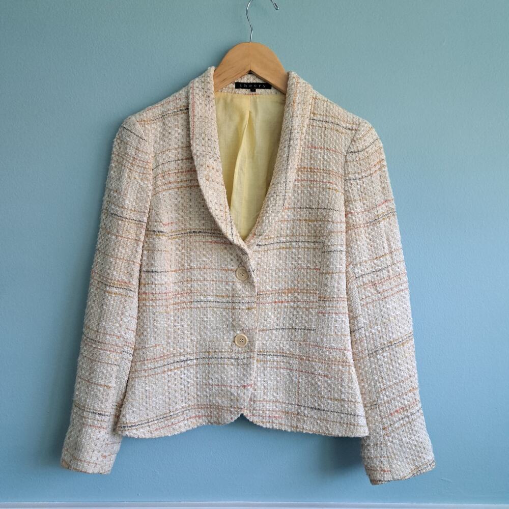 Theory Tweed Blazer Slim Cropped Jacket Cream Yellow Coral 8 Runs Small